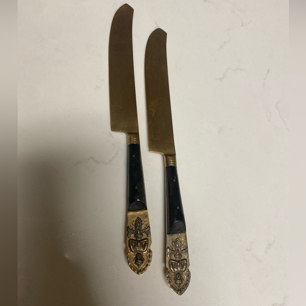 Lot of 2 Vintage Buddha Butter Knife Bronze and Wood Made in Hong Kong
